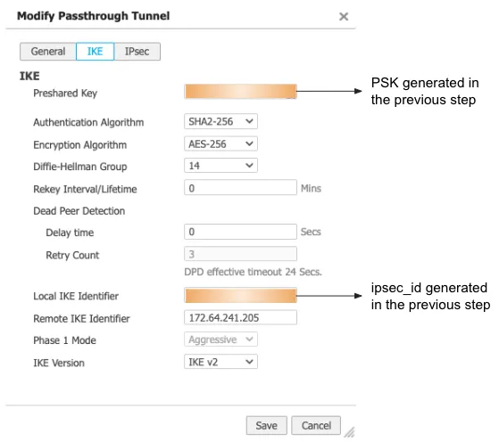 Modify Passthrough Tunnel dialog with IKE values