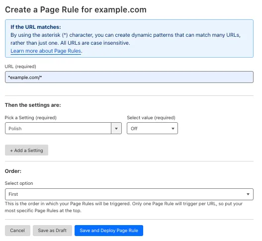 Example Page Rule with 'Polish' setting