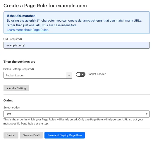 Example Page Rule with 'Rocket Loader' setting